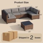 Qsun 7 Pieces Patio Furniture Set, Outdoor Sectional Rattan Sofa Set, Wicker Patio Conversation Set with Cushions and Glass Coffee Table, for Balcony, Porch, Garden, Grey - Image 3