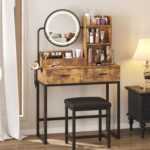 Vabches Makeup Vanity Desk with Round Mirror and Lights, Vanity Makeup Table with 2 Drawers, Small Vanity Table for Bedroom with Lots Storage (Brown with Charging, 15.75 * 31.5 * 53.6in) - Image 9