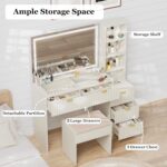 Vanity Desk with Mirror and Lights, Modern Glass Top Makeup Vanity Table with Power Outle 5 Drawers & Adjustable Shelves, 3 Lighting Modes Adjustable Brightness for Bedroom - Image 4