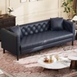 Mid Century Modern Leather Sofa 81 Inch, Chesterfield Style 3 Seat Couch with Deep 26" Seats, Button Tufted Upholstery, Includes 2 Pillows for Living Room, Apartment or Office, Black - Image 2