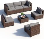 Qsun 7 Pieces Patio Furniture Set, Outdoor Sectional Rattan Sofa Set, Wicker Patio Conversation Set with Cushions and Glass Coffee Table, for Balcony, Porch, Garden, Grey - Image 9