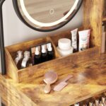 Vabches Makeup Vanity Desk with Round Mirror and Lights, Vanity Makeup Table with 2 Drawers, Small Vanity Table for Bedroom with Lots Storage (Brown with Charging, 15.75 * 31.5 * 53.6in) - Image 8