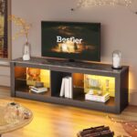 Bestier LED Gaming TV Stand for 55 Inch TV, Entertainment Center with Adjustable Glass Shelves, Modern TV Console for Living Room & Bedroom, Black Marble - Image 2