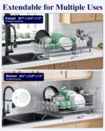Kitsure Extendable Dish Drying Rack, Large Drying Dish Rack with Cutlery & Cup Holders, Multifunctional Dish Racks for Counter with Drainage, 18.2"-25.7" L x 12.9" W, Grey - Image 4