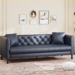 Mid Century Modern Leather Sofa 81 Inch, Chesterfield Style 3 Seat Couch with Deep 26" Seats, Button Tufted Upholstery, Includes 2 Pillows for Living Room, Apartment or Office, Black - Image 7