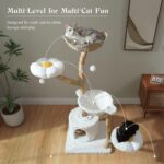 MUTTROS 59" Modern Cat Tree Tower for Large Cats w/2 Flower Perches-Natural Solid Wood Scratching Post with Real Branch-Luxury Boho Cat Furniture w/Condo & Wicker Basket Bed, Cloud White - Image 5