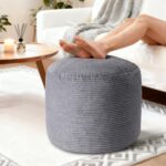 20" x 20" x 15" Pouf Ottoman Foot Rest, Pre-Stuffed Round Foot Stool with Odorless Shredded Memory Foam, Furry & Fluffy Corduroy Footrest for Living Room, Dark Grey - Image 2