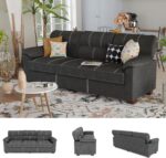 Ribilake 80 Inch Dark Grey Faux Leather Sofa Couch - Wide Armrests with 2 Pillows, Deep Seats, Contrast Stitching, 3 Seater Leather Couches for Living Room, Bedroom, Apartment - Image 2