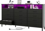 Dresser for Bedroom Black Bedroom Dresser with LED Lights and Charging Station, 12 Long Fabric Drawers Dressers, Vertical Chest of Drawers Storage Organizer TV Stand for up to 65" TV for Living Room - Image 2