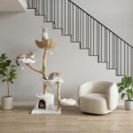 MUTTROS 59" Modern Cat Tree Tower for Large Cats w/2 Flower Perches-Natural Solid Wood Scratching Post with Real Branch-Luxury Boho Cat Furniture w/Condo & Wicker Basket Bed, Cloud White - Image 9