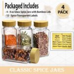 Glass Spice Jars with Bamboo Airtight Lids - (4 Pack) - 4 oz Square Spice Bottles with Shaker Lids - Clear Empty Shaker Seasoning Jars with Preprinted Spice Jars Labels for Spice Rack, Drawer, Cabinet - Image 8