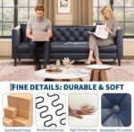 GAOMON 81" Leather Couch, Handmade Button Tufted 3 Seater Sofa, Chesterfield Sofa with Deep Seat and 2 Pillows, Leather Sofa for Living Room Apartment, Office, Blue - Image 4