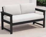 SERWALL Black HDPE Outdoor Loveseat with Khaki Cushions, All Weather Use Outdoor Loveseat Sofa, Black Frame with Khaki Cushions - Image 2