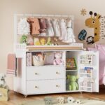 PAKASEPT Baby Changing Table, Infant Diaper Changing Station with Wheels & Wide Table Top & Clothes Rail, Baby Changing Table with Two Drawers and Cabinet for Nursery and Kids - Image 2