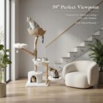 MUTTROS 59" Modern Cat Tree Tower for Large Cats w/2 Flower Perches-Natural Solid Wood Scratching Post with Real Branch-Luxury Boho Cat Furniture w/Condo & Wicker Basket Bed, Cloud White - Image 7