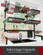 Sakugi Dish Drying Rack - Over The Sink Dish Drainer Drying Rack with Utensil & Knife Holder, Hooks, Stainless Steel Kitchen Organizers and Storage Solution, 11.8" D x 31.5"~39.0''W x 30" H, Black - Image 3