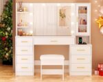 ANWBROAD 49.2" Large Vanity Desk with Mirror and Lights White Makeup Vanity Desk with Glass Top and Power Outlet 8 Drawers Nightstand 5 Hooks Vanity Table with Stool for Bedroom Women Girls UBDT88W - Image 10