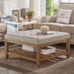 24KF Large Square Upholstered Tufted Linen Ottoman Coffee Table, Large Footrest Ottoman with Solid Wood Shelf-Linen - Image 2