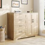 GarveeHome Multifunctional Wooden Dresser for Bedroom, 43.3 in H 2 Door Wardrobe Armoire Closet with 4 Drawers and Hanging Rod, Low Storage Cabinet for Hanging Cloth, Natural Oak - Image 5