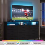 Dresser for Bedroom Black Bedroom Dresser with LED Lights and Charging Station, 12 Long Fabric Drawers Dressers, Vertical Chest of Drawers Storage Organizer TV Stand for up to 65" TV for Living Room - Image 5