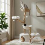 MUTTROS 59" Modern Cat Tree Tower for Large Cats w/2 Flower Perches-Natural Solid Wood Scratching Post with Real Branch-Luxury Boho Cat Furniture w/Condo & Wicker Basket Bed, Cloud White - Image 2