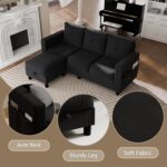 JAMFLY Convertible Sectional Couches for Living Room, L-Shaped Couch 3 Seat Sectional Sofa Set with Corduroy Fabric and Movable Ottoman Small Couch for Apartments, Office(Black) - Image 6