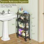 Utility Slim Storage Cart, 4 Tier Small Rolling Kitchen Laundry Room Cart with Wood Top, Metal Narrow Bathroom Storage Cabinet Mobile Shelf Unit Organizer Trolley with Handle for Narrow Space - Image 3