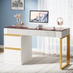 Tribesigns Computer Desk with 4 Drawers, 47 Inch Modern Home Office Desk with Glass Top, White and Gold Writing Workstation Desk with Storage, Makeup Vanity Table for Living Room, Bedroom - Image 2