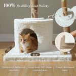 MUTTROS 59" Modern Cat Tree Tower for Large Cats w/2 Flower Perches-Natural Solid Wood Scratching Post with Real Branch-Luxury Boho Cat Furniture w/Condo & Wicker Basket Bed, Cloud White - Image 6