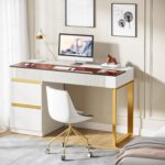 Tribesigns Computer Desk with 4 Drawers, 47 Inch Modern Home Office Desk with Glass Top, White and Gold Writing Workstation Desk with Storage, Makeup Vanity Table for Living Room, Bedroom - Image 6