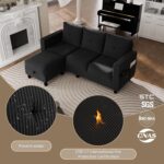 JAMFLY Convertible Sectional Couches for Living Room, L-Shaped Couch 3 Seat Sectional Sofa Set with Corduroy Fabric and Movable Ottoman Small Couch for Apartments, Office(Black) - Image 7