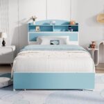 Wooden Twin Bed Frame with Smart Storage Headboard & Drawer, 3-in-1 USB Charging Station, No Box Spring Required, Non-Slip Design, Perfect for Kids, Teens, or Guest Room (Blue & White) - Image 4