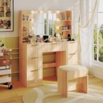 VINGLI Fluted Makeup Vanity Desk with Mirror & Lights & Power Outlet, Small Vanity Table w/ 7 Drawers & 4 Storage Shelves,Oak Modern Dressing Table Set Charging Station for Bedroom - Image 10