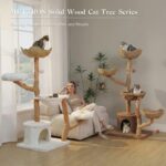 MUTTROS 59" Modern Cat Tree Tower for Large Cats w/2 Flower Perches-Natural Solid Wood Scratching Post with Real Branch-Luxury Boho Cat Furniture w/Condo & Wicker Basket Bed, Cloud White - Image 8