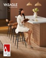 VASAGLE EKHO Collection - Bar Stools Set of 2, Swivel Bar Height Bar Stools with Back, Synthetic Leather with Stitching, Mid-Century Modern, 30-Inch Tall Barstools for Kitchen Home Bar, Caramel Brown - Image 4