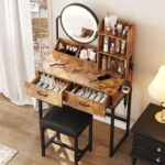 Vabches Makeup Vanity Desk with Round Mirror and Lights, Vanity Makeup Table with 2 Drawers, Small Vanity Table for Bedroom with Lots Storage (Brown with Charging, 15.75 * 31.5 * 53.6in) - Image 4