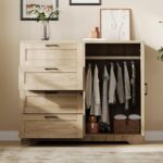 GarveeHome Multifunctional Wooden Dresser for Bedroom, 43.3 in H 2 Door Wardrobe Armoire Closet with 4 Drawers and Hanging Rod, Low Storage Cabinet for Hanging Cloth, Natural Oak - Image 4
