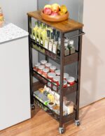 Utility Slim Storage Cart, 4 Tier Small Rolling Kitchen Laundry Room Cart with Wood Top, Metal Narrow Bathroom Storage Cabinet Mobile Shelf Unit Organizer Trolley with Handle for Narrow Space - Image 10