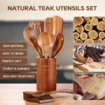 Mooues 9 Piece Natural Teak Wooden Kitchen Utensil Set with Spoon Rest - Comfort Grip Cooking Spoons and Utensils Holder - Image 3