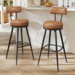 VASAGLE EKHO Collection - Bar Stools Set of 2, Swivel Bar Height Bar Stools with Back, Synthetic Leather with Stitching, Mid-Century Modern, 30-Inch Tall Barstools for Kitchen Home Bar, Caramel Brown - Image 2