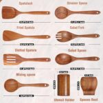 Mooues 9 Piece Natural Teak Wooden Kitchen Utensil Set with Spoon Rest - Comfort Grip Cooking Spoons and Utensils Holder - Image 4