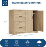GarveeHome Multifunctional Wooden Dresser for Bedroom, 43.3 in H 2 Door Wardrobe Armoire Closet with 4 Drawers and Hanging Rod, Low Storage Cabinet for Hanging Cloth, Natural Oak - Image 3