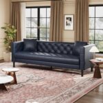 GAOMON 81" Leather Couch, Handmade Button Tufted 3 Seater Sofa, Chesterfield Sofa with Deep Seat and 2 Pillows, Leather Sofa for Living Room Apartment, Office, Blue - Image 6