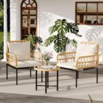 GAOMON 3 Pieces Outdoor Patio Furniture Set with Table, All Weather Rattan Chair Parlor Set, 2 Cushioned Wicker Chairs and Glass Coffee Round Table for Porch Backyard Lawn Poolside Deck, Beige - Image 3