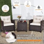 Tangkula 3 Pieces Patio Furniture Set, PE Rattan Wicker 3 Pcs Outdoor Sofa Set w/Washable Cushion and Tempered Glass Tabletop, Conversation Furniture for Garden Poolside Balcony (White) - Image 10