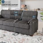 Ribilake 80 Inch Dark Grey Faux Leather Sofa Couch - Wide Armrests with 2 Pillows, Deep Seats, Contrast Stitching, 3 Seater Leather Couches for Living Room, Bedroom, Apartment - Image 7