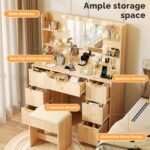 VINGLI Fluted Makeup Vanity Desk with Mirror & Lights & Power Outlet, Small Vanity Table w/ 7 Drawers & 4 Storage Shelves,Oak Modern Dressing Table Set Charging Station for Bedroom - Image 5