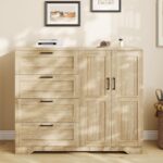 GarveeHome Multifunctional Wooden Dresser for Bedroom, 43.3 in H 2 Door Wardrobe Armoire Closet with 4 Drawers and Hanging Rod, Low Storage Cabinet for Hanging Cloth, Natural Oak - Image 2
