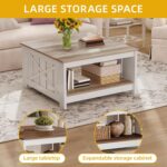 DWVO Square Coffee Table for Living Room, Farmhouse Coffee Table with Storage, 2-Tier Wood Coffee Tables Center Table with Half Open Storage Compartment, Grey Wash - Image 5