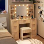 VINGLI Fluted Makeup Vanity Desk with Mirror & Lights & Power Outlet, Small Vanity Table w/ 7 Drawers & 4 Storage Shelves,Oak Modern Dressing Table Set Charging Station for Bedroom - Image 4